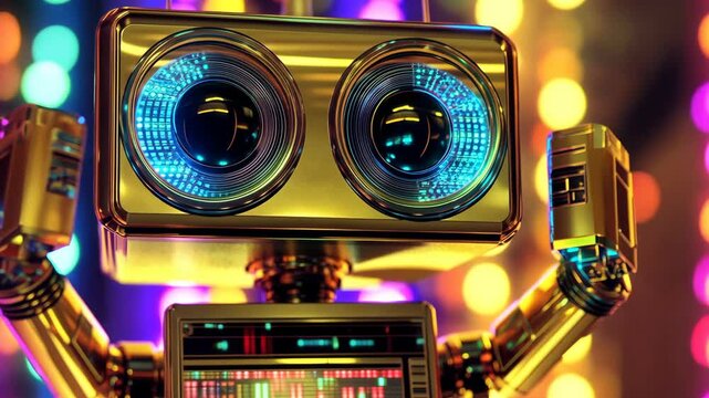 A gold robot dances in front of colorful lights, its speakers glowing blue
