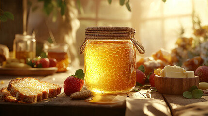 A glass jar of honey with a rustic woven lid sits on a wooden table, surrounded by fresh bread, butter, and fruit. The morning sunlight casts a warm glow on the honey.