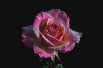 A close up detail of a dewy various rose showcasing its intricate petals and natural beauty