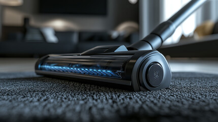 A cordless vacuum cleaner glides over the carpet, capturing dirt with each pass. Close-up view shows its cleaning action in detail.