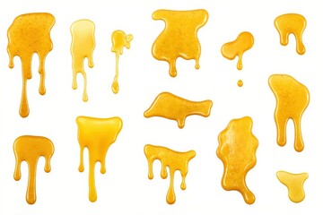 Golden honey drips and splashes on white background for creative design and art projects.