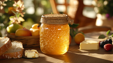 A glass jar of honey with a rustic woven lid sits on a wooden table, surrounded by fresh bread, butter, and fruit. The morning sunlight casts a warm glow on the honey.