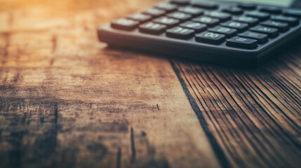 A calculator rests on a wooden background, its simple design contrasting with the natural wood texture. The scene highlights functionality in a classic setting.