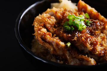 Chicken tonkatsu with rice japanese food isolate in black background