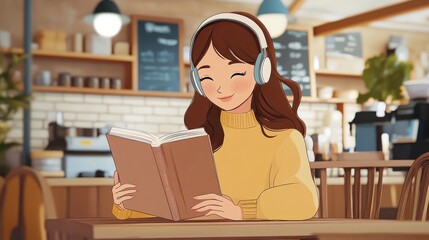 A girl is reading a book in a cafe