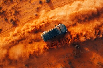 Fototapeta premium Car driving through desert road leaving dramatic dust trail