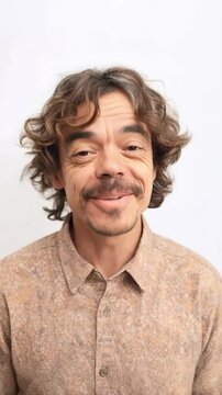 Portrait head shot of man with dwarfism talking at camera. White background studio shot