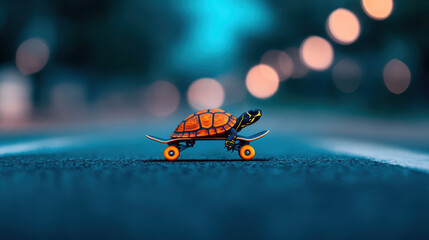 Turtle on skateboard in urban street scene, adventurous vibe