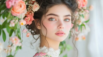 Beautiful Woman with Flowers in Hair Portrait Spring Beauty Romance