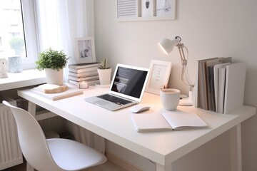 Office desk furniture computer laptop.