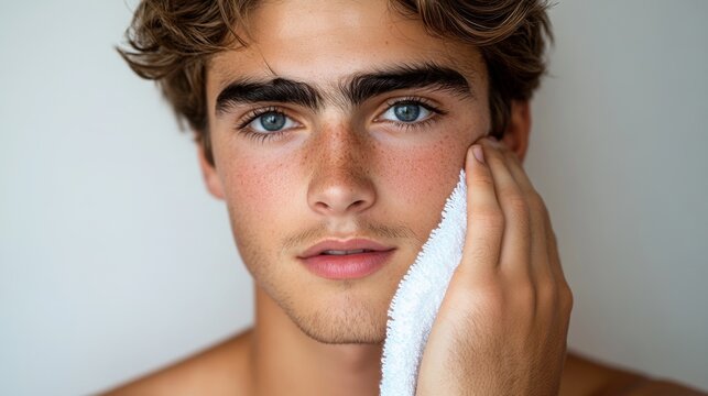 Young Man with Towel Skincare Routine Clean Face Closeup Portrait