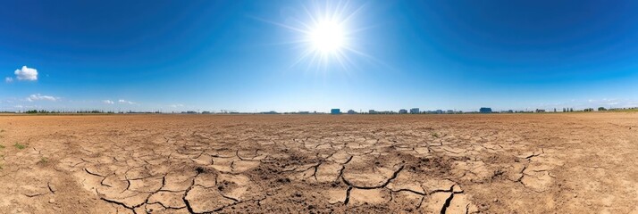 Expansive cracked earth under a bright sun showcasing drought conditions in wide landscape