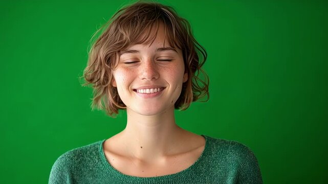 Young woman with freckles and short brown hair is posing in front of a green screen background. She is smiling and closing her eyes
