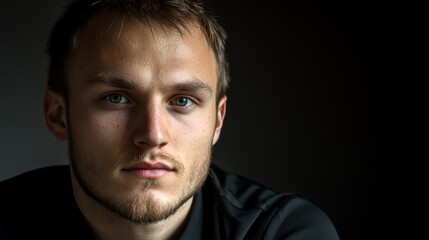 Obraz premium Young Man Portrait Serious Expression Closeup Dark Background
