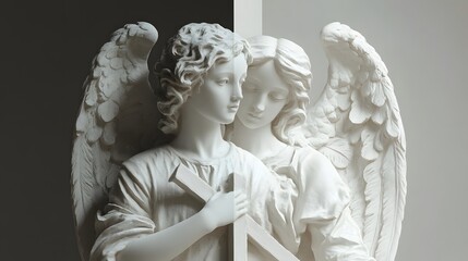 Two different side views of an angel statue holding a cross, one on the left and the other on the right side, against a grey background with a marble texture, in high quality.