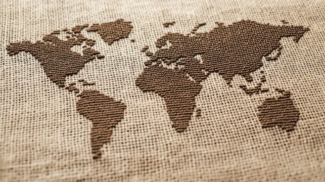 A textured fabric featuring a world map design in a brown hue, showcasing geographical outlines with a rustic, artistic feel.