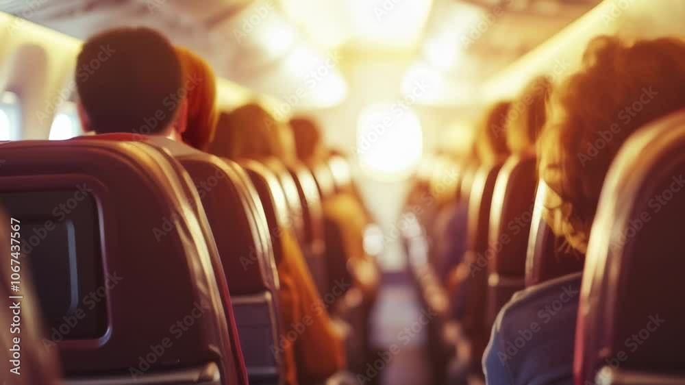 Poster warm light illuminating the cabin of an airliner as passengers sit in their seats during a flight, c