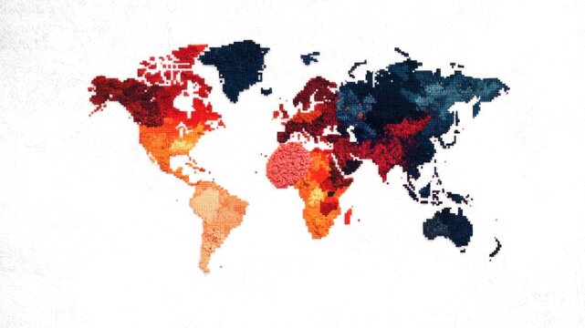 A colorful, abstract world map featuring varying shades of red, orange, and blue, emphasizing geographical diversity and global connections.