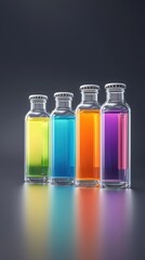 Colorful Glass Bottles with Liquids on a Reflective Surface.