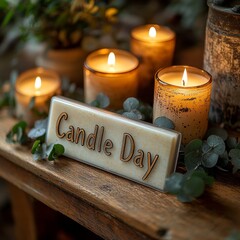 Minimalist Candle Day sign on acrylic board with lit candles and eucalyptus