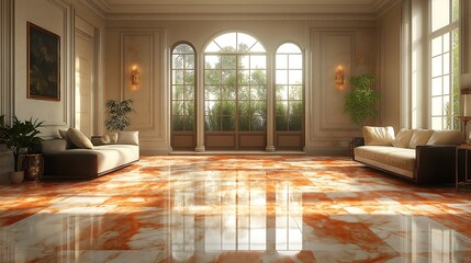 Fototapeta premium Art deco living room with minimalist marble stone paneling, merging luxury with modern simplicity.