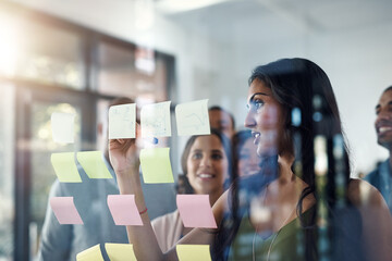 Collaboration, glass and writing with employee people in office for coaching, meeting or planning....