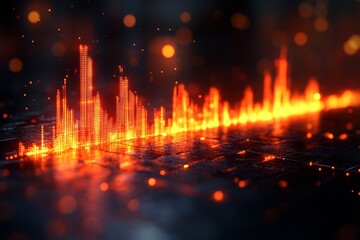 Fototapeta premium Abstract Digital Art: Glowing Sound Waves in a Futuristic Cityscape