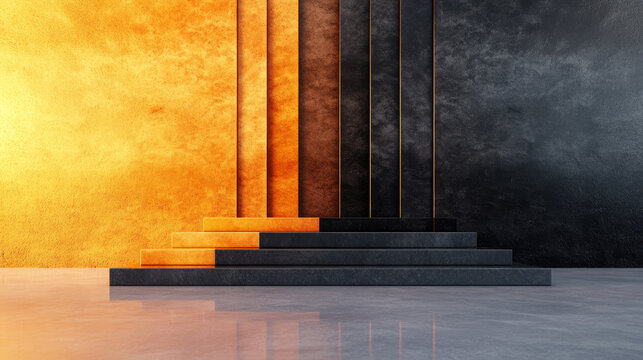 Modern black and gold steps against a textured background.