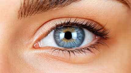 Obraz premium Close-up of a woman's blue eye with long eyelashes.