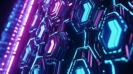 Obraz premium Illustration cybernétique futuriste de motifs de nid d'abeille avec néons lumineux et textures métalliques