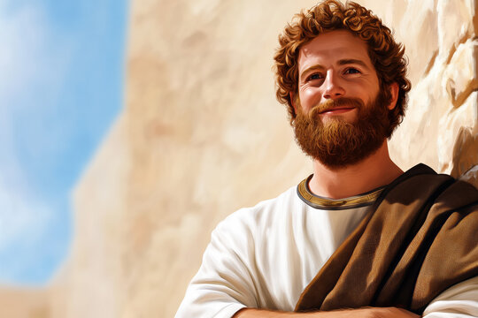 Portrait of young biblical David with a warm expression, standing against a sunlit stone wall, symbolizing strength, faith, and leadership in Jerusalem.