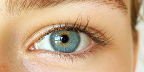 Obraz premium Close-up of a woman's blue eye with long eyelashes.