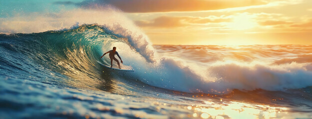 Surfer riding a powerful wave at sunset, with golden light reflecting on the water.