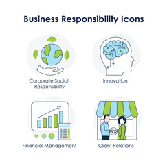 Business Responsibility Icons: Corporate Social Responsibility, Financial Management, Client Relations, Innovation