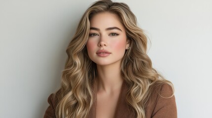 Fototapeta premium Beautiful Woman with Long Blonde Wavy Hair Studio Portrait