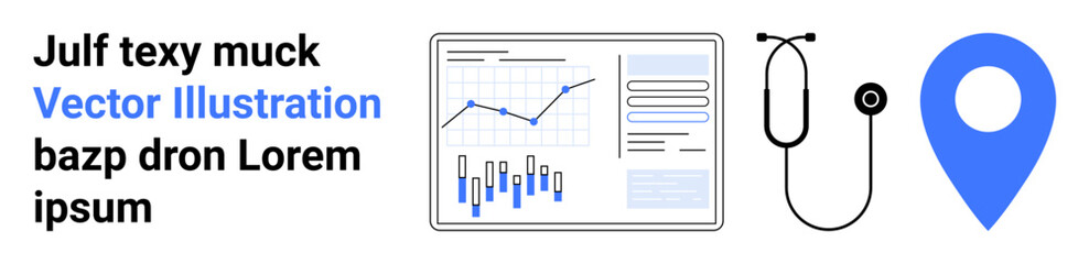 Business analytics dashboard with graphs, stethoscope, and blue location pin. Ideal for healthcare, data visualization, analytics, medical services, GPS, technology, marketing. Landing page