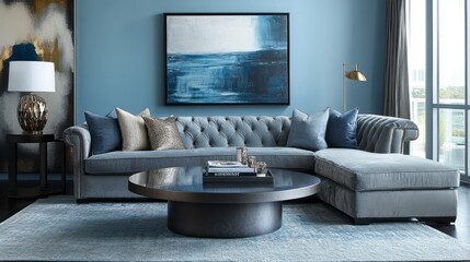 Modern Living Room with Blue Sectional Sofa and Abstract Artwork