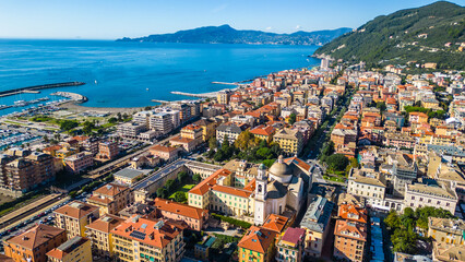 Chiavari, a charming coastal town in Italy's Liguria region, viewed from the air showcases its...