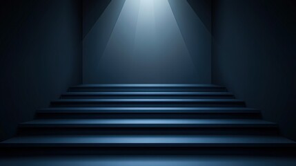 A minimalist scene featuring dark stairs leading up to a bright beam of light, It can symbolize hope, transition, or awakening, suitable for themes in spirituality, motivation, or personal growth,