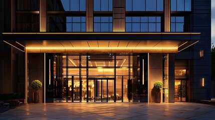 Obraz premium Sophisticated Hotel Facade with Clean Architectural Lines and Warmly Lit Glass Entrance