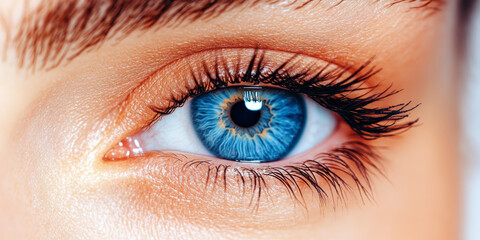 Obraz premium Close-up of a woman's blue eye with long eyelashes.