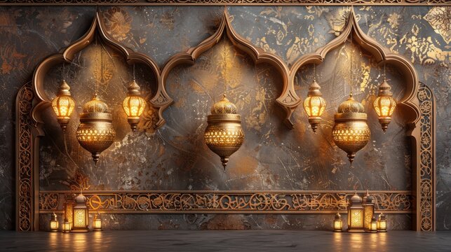 Ramadan Arabic Islamic White and Golden Luxury Ornamental Background with Islamic Pattern and Decorative Lanterns.