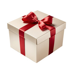 Brown Kraft Gift Box with Red Ribbon on Transparent PNG Background.  