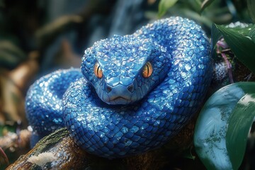 Fototapeta premium vibrant blue viper snake gracefully coiled around a branch its iridescent scales glistening with water droplets contrasting beautifully with lush green foliage in a lively jungle scene