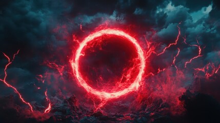 Fiery Red Lightning Circle in Dark Stormy Clouds