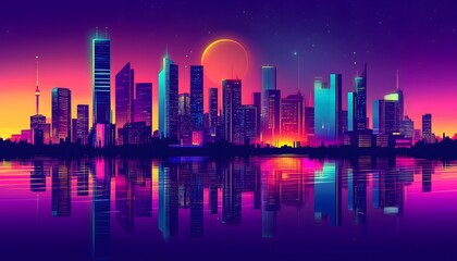 Obraz premium A retro neon colored synthwave city background