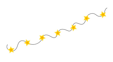 Christmas colorful bright yellow star lights curly string garland simple doodle hand drawn vector illustration, flat style cartoon image for winter New Year holiday, birthday events design