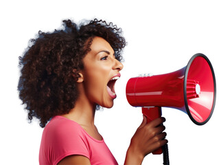 Angry woman shouting into a megaphone, curly hair, isolated on transparent background