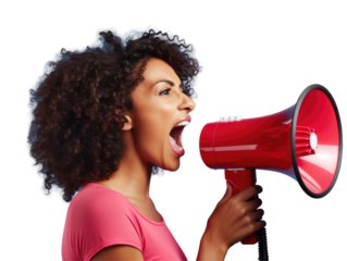 Angry woman shouting into a megaphone, curly hair, isolated on transparent background