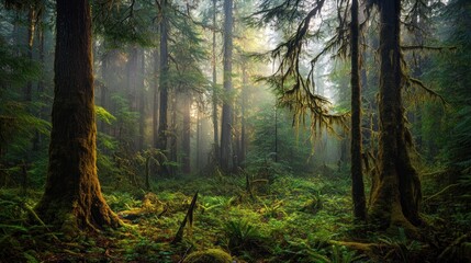 Obraz premium Sunlight streams through the misty trees of a lush, green forest.